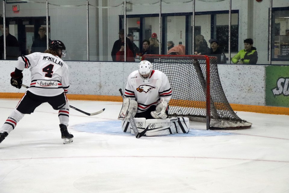Innisfail Eagles goalie Matt Climie was only tested 18 times on Feb. 25 against the Stony Plain Eagles but he stopped them all to claim the 4 - 0 shutout. Johnnie Bachusky/MVP Staff
